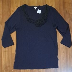 J. Crew Navy Scoop Neck Knit Top with Ruffle Trim
